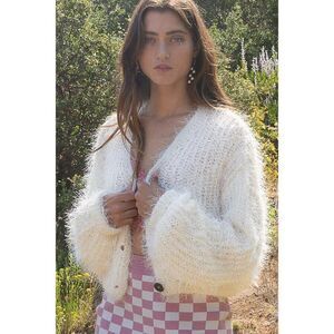 POL Clothing Women's Cropped Soft Knit Sweater Cardigan Ivory New S-L YST163